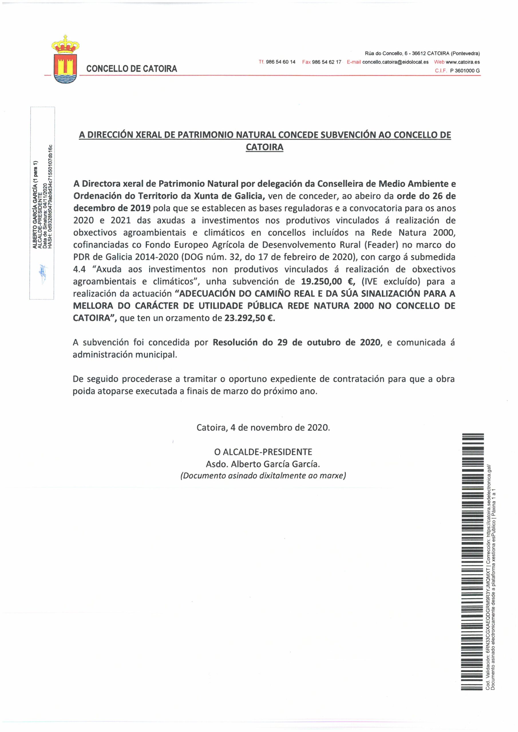 CONVOCATORIA DE SUBSIDIO DE LA DIRECCIÓN GENERAL DE PATRIMONIO NATURAL AL ​​AYUNTAMIENTO DE CATOIRA