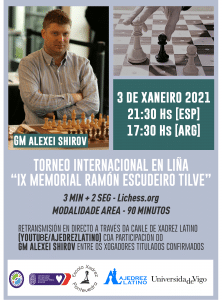 El IX Memorial de Ajedrez Ramón Escudeiro Tilve se realizará online este domingo y contará con la participación del Gran Maestro Alexei Shirov
