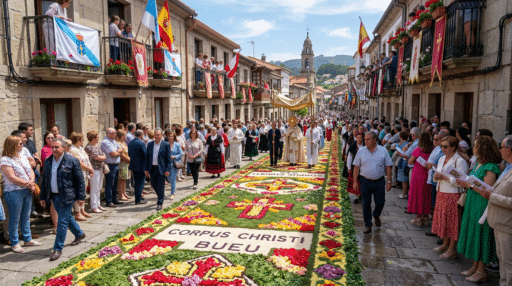 Corpus Christi procession walking over detailed floral carpet in Bueu