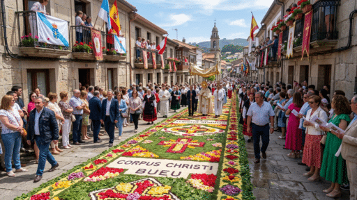 Corpus Christi procession walking over detailed floral carpet in Bueu